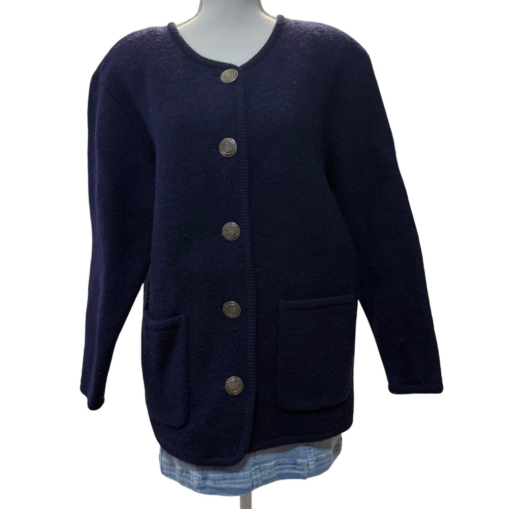 Vintage 90s Eagles Eye Wool Ornate Navy Cardigan Jacket Sweater Cottage Large